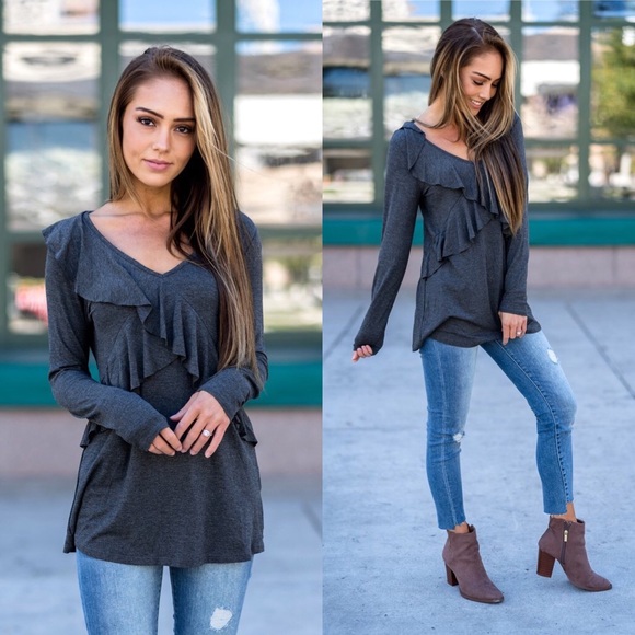 Nadia Rima Tops - Ruffle Tunic Top Gray